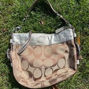Silver & Tan Zoe Signature Hobo Coach Bag